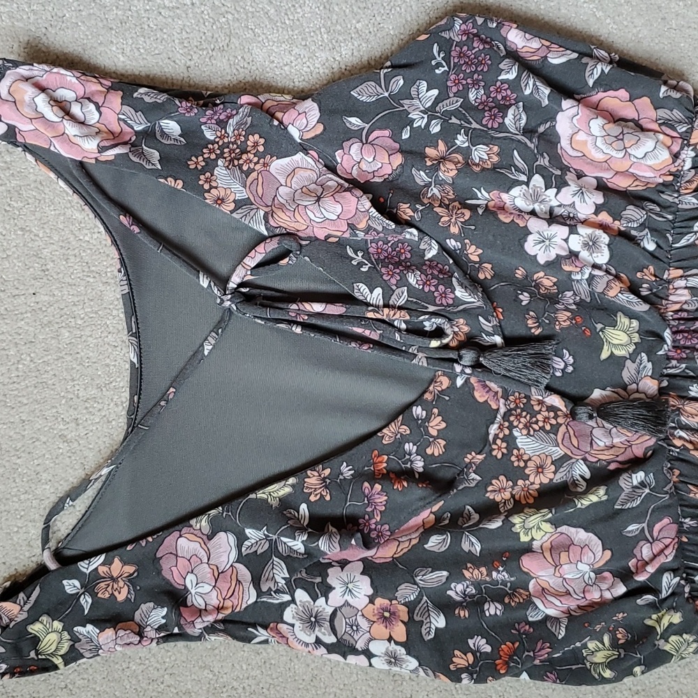 LOFT Gray Floral Midi Dress with Pink Roses - Picture 4 of 5